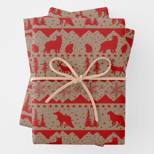 Rustic Kraft Nordic Sweater Red Winter Animals Inpakpapier Vel (In situ)