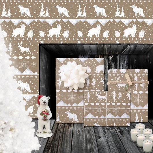 Rustic Kraft Nordic Sweater White Winter Animals Inpakpapier Vel