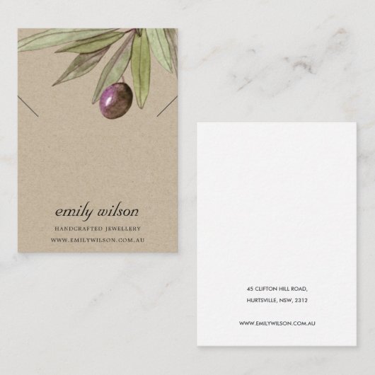 RUSTIC KRAFT OLIVE FAUNA KETTING BRACELET DISPLAY VISITEKAARTJE (Voorkant / Achterkant)