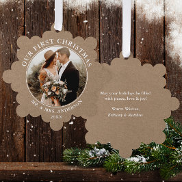 Rustic Kraft onze eerste kerstpaar foto Ornament Kaart