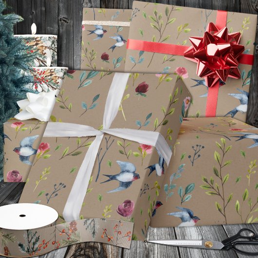 Rustic Kraft Paars Martins Birds Winter Garden Cadeaupapier