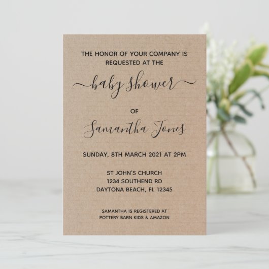 Rustic Kraft Paper Baby shower Invitation Script Kaart (Staand voorkant)