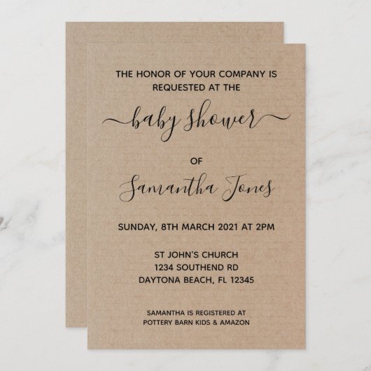 Rustic Kraft Paper Baby shower Invitation Script Kaart (Voorkant / Achterkant)