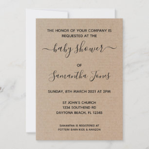 Rustic Kraft Paper Baby shower Invitation Script Kaart