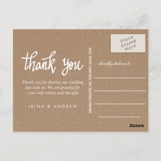 Rustic Kraft Paper Bedankt Script Paar Foto Briefkaart (Achterkant)