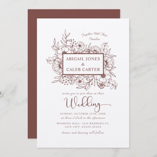 Rustic Kraft Paper Floral Sketch Wedding Invitatio Kaart (Voorkant / Achterkant)