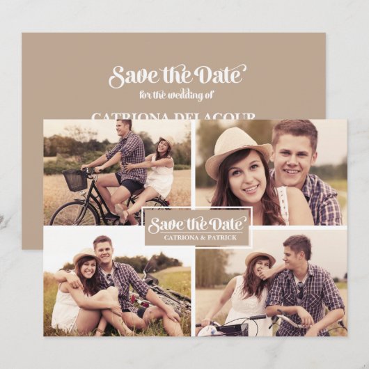 Rustic Kraft Paper Four Photo Collage Lijst Save The Date (Voorkant / Achterkant)