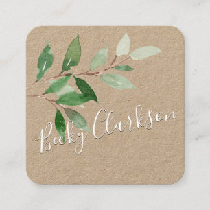 Rustic Kraft Paper Greenery White Script Vierkante Visitekaartje