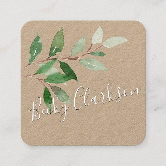 Rustic Kraft Paper Greenery White Script Vierkante Visitekaartje (Voorkant)