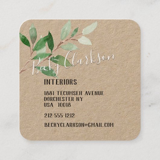 Rustic Kraft Paper Greenery White Script Vierkante Visitekaartje (Achterkant)