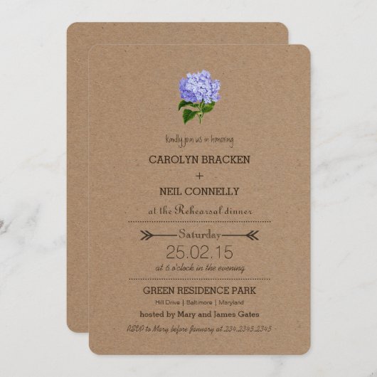 Rustic Kraft Paper Hydrangea Rehearsal Dinner Kaart (Voorkant / Achterkant)