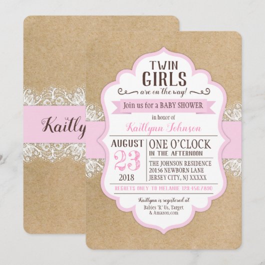 Rustic Kraft Paper Lace Pink Baby shower Kaart (Voorkant / Achterkant)