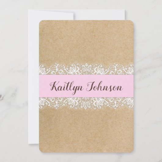 Rustic Kraft Paper Lace Pink Baby shower Kaart (Achterkant)
