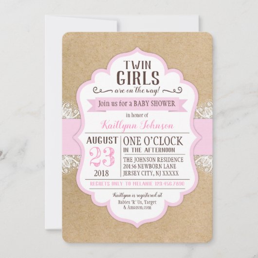 Rustic Kraft Paper Lace Pink Baby shower Kaart (Voorkant)