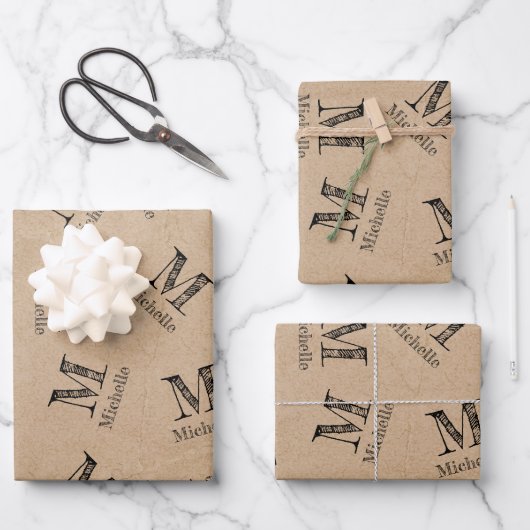 Rustic Kraft Paper look Monogram Wrapping Paper (Voorkant)
