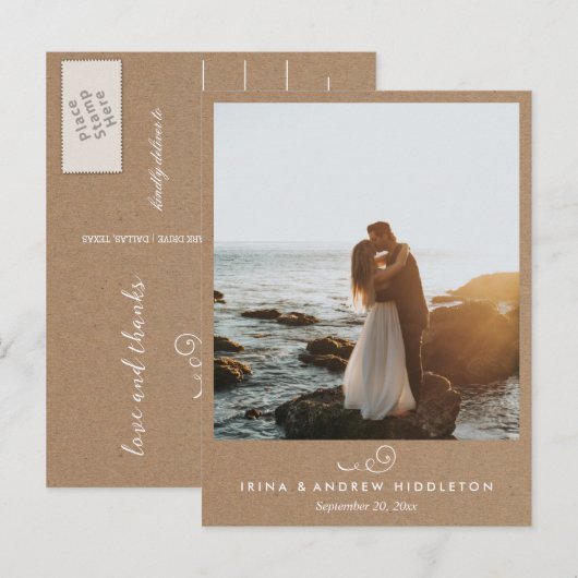 Rustic Kraft Paper Love and Bedankt Weduwfoto Briefkaart (Voorkant / Achterkant)