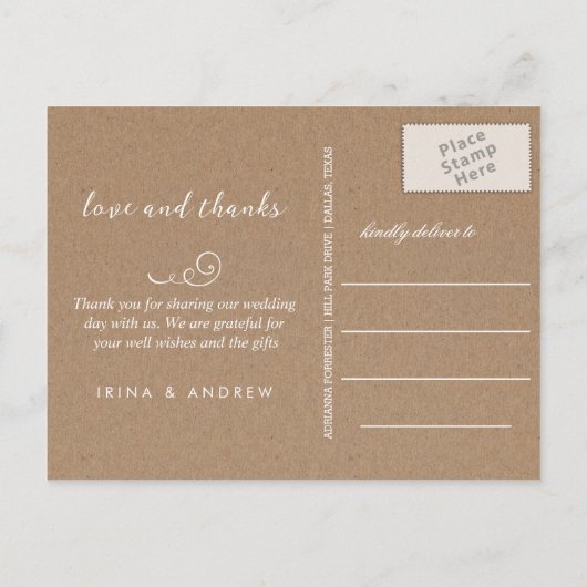 Rustic Kraft Paper Love and Bedankt Weduwfoto Briefkaart (Achterkant)