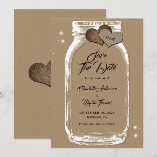 Rustic Kraft Paper Mason Jar Wedding Save The Date (Voorkant / Achterkant)