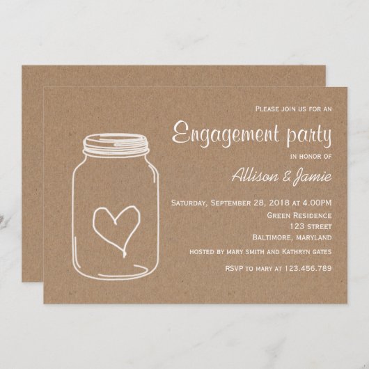 Rustic Kraft Paper Masonjar Heart Engagement Party Kaart (Voorkant / Achterkant)