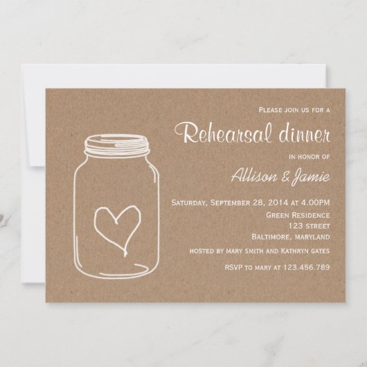 Rustic Kraft Paper Masonjar Heart Rehearsal Dinner Kaart (Voorkant)