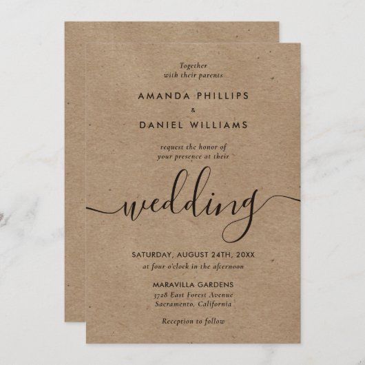 Rustic Kraft Paper Modern Script Wedding Kaart (Voorkant / Achterkant)