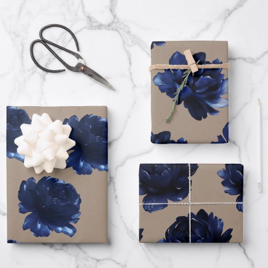 Rustic Kraft Paper Navy Blue Peonies (Voorkant)
