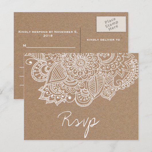 Rustic Kraft Paper Paisley Wedding SVP Uitnodiging Briefkaart (Voorkant / Achterkant)