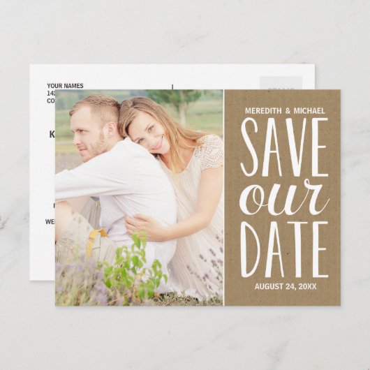 Rustic Kraft Paper Photo Save the Date Aankondigingskaart (Voorkant / Achterkant)