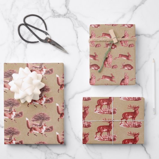 Rustic Kraft Paper Red Toile Deer Fox Hare Rabbit (Voorkant)