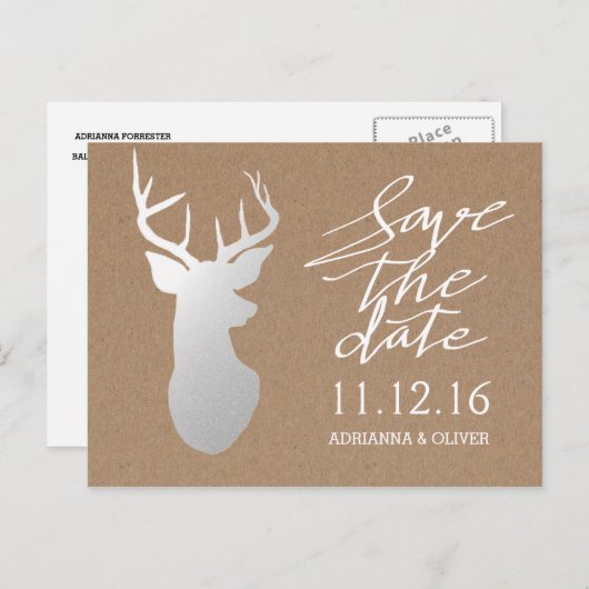 Rustic Kraft Paper Silver Antler Sla de datum op Aankondigingskaart (Voorkant / Achterkant)