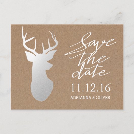 Rustic Kraft Paper Silver Antler Sla de datum op Aankondigingskaart (Voorkant)