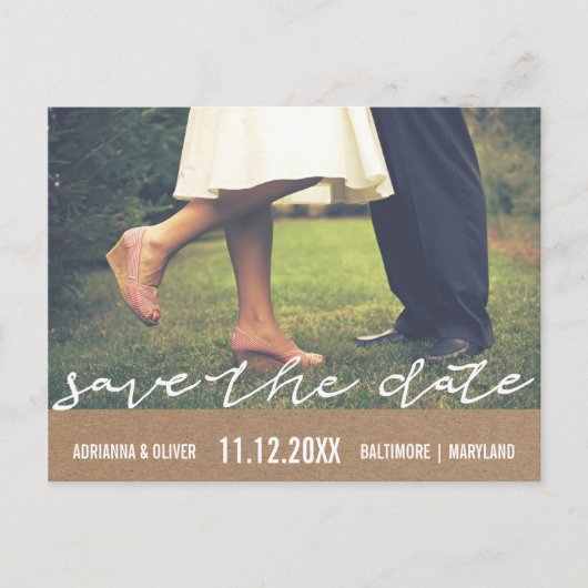 Rustic Kraft Paper Sla de datum Typografie Foto Aankondigingskaart (Voorkant)