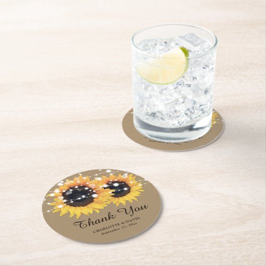 Rustic Kraft Paper Sunflower Weddenschap Ronde Kartonnen Onderzetter (Insitu)