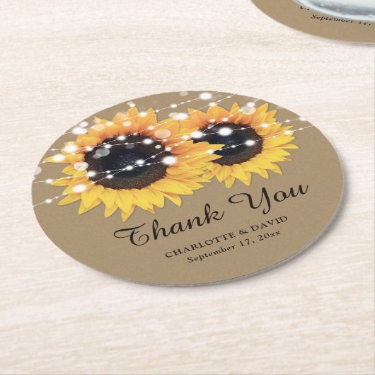 Rustic Kraft Paper Sunflower Weddenschap Ronde Kartonnen Onderzetter (Gebogen)