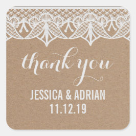Rustic Kraft Paper White Lace Wedding Favor Vierkante Sticker
