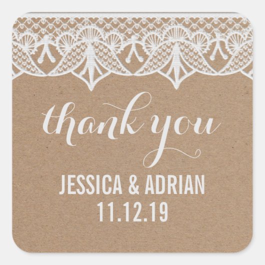 Rustic Kraft Paper White Lace Wedding Favor Vierkante Sticker (Voorkant)