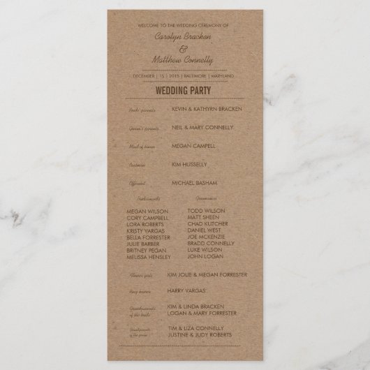 Rustic Kraft Papier Trouwprogramma Programmakaart (Voorkant)