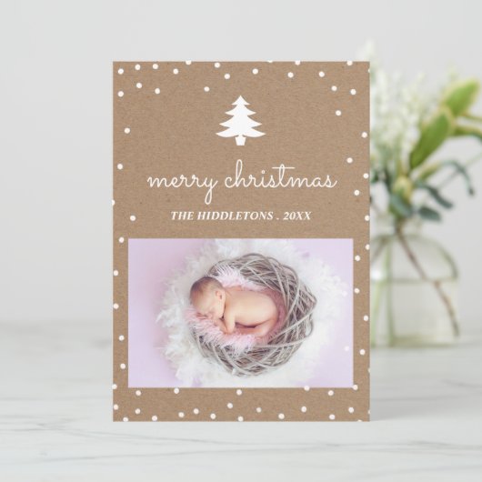 Rustic Kraft Papier Vrolijk Kerstfeest | Boomfoto Feestdagenkaart (Staand voorkant)