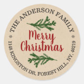 Rustic Kraft Pine Branches Holiday Return Address Ronde Sticker (Voorkant)