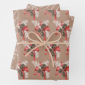 Rustic Kraft Pine Cones, Snowflakes en Stripes Inpakpapier Vel (In situ)