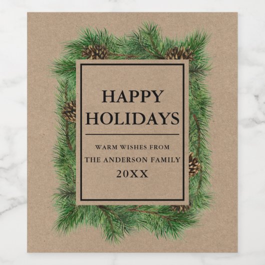 Rustic Kraft Pine Lijst Prettige feestdagen Wijn Etiket (Enkel label)