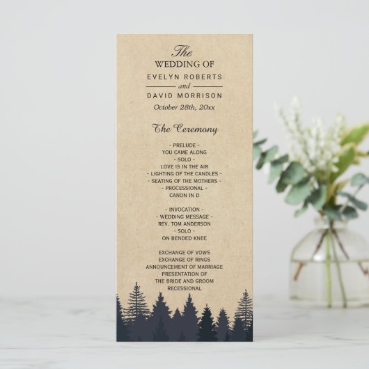 Rustic Kraft Pine Tree Forest Wedding Programme Programmakaart (Staand voorkant)