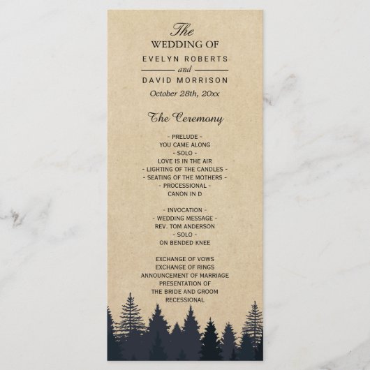 Rustic Kraft Pine Tree Forest Wedding Programme Programmakaart (Voorkant)
