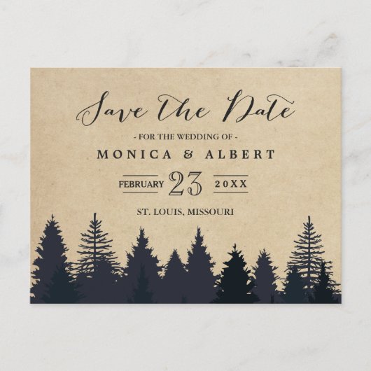 Rustic Kraft Pine Trees Forest Save the Date Aankondigingskaart (Voorkant)