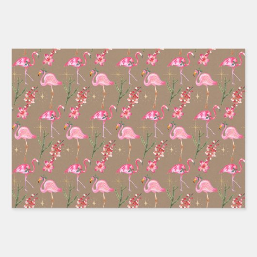 Rustic Kraft Pink Flamingo Kerstfeestdag Inpakpapier Vel (Voorkant 3)
