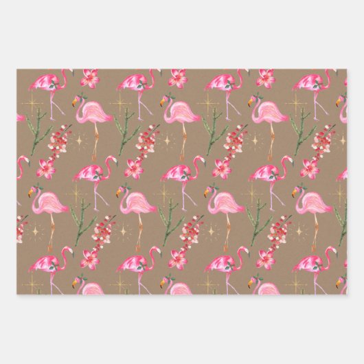 Rustic Kraft Pink Flamingo Kerstfeestdag Inpakpapier Vel (Voorkant 2)