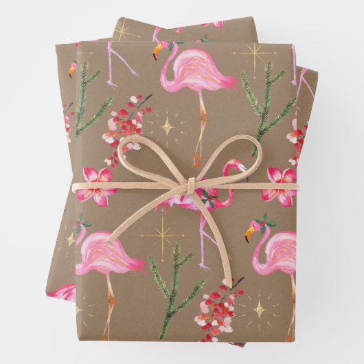 Rustic Kraft Pink Flamingo Kerstfeestdag Inpakpapier Vel (In situ)