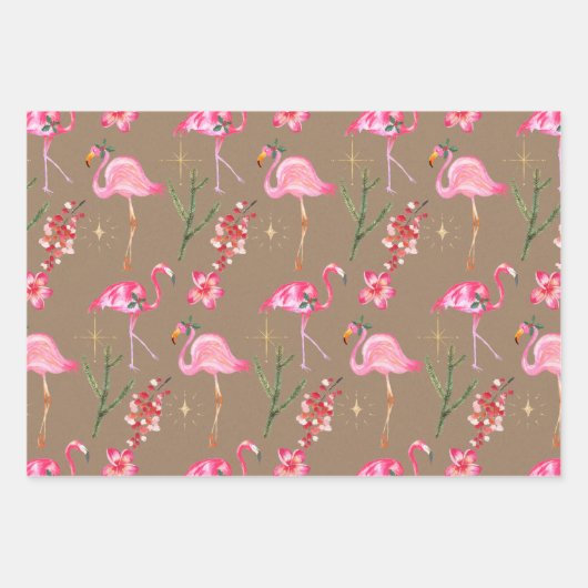 Rustic Kraft Pink Flamingo Kerstfeestdag Inpakpapier Vel (Voorkant)