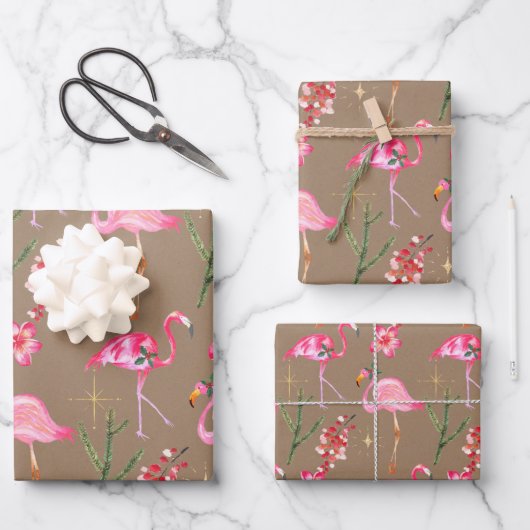 Rustic Kraft Pink Flamingo Kerstfeestdag Inpakpapier Vel (Voorkant)