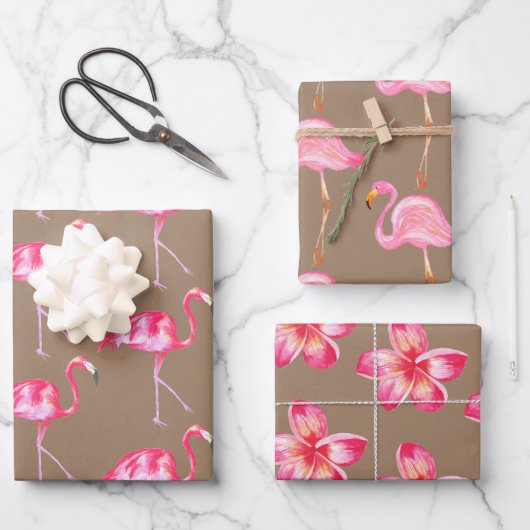 Rustic Kraft Pink Flamingoes & Roze Hibiscus Inpakpapier Vel (Voorkant)